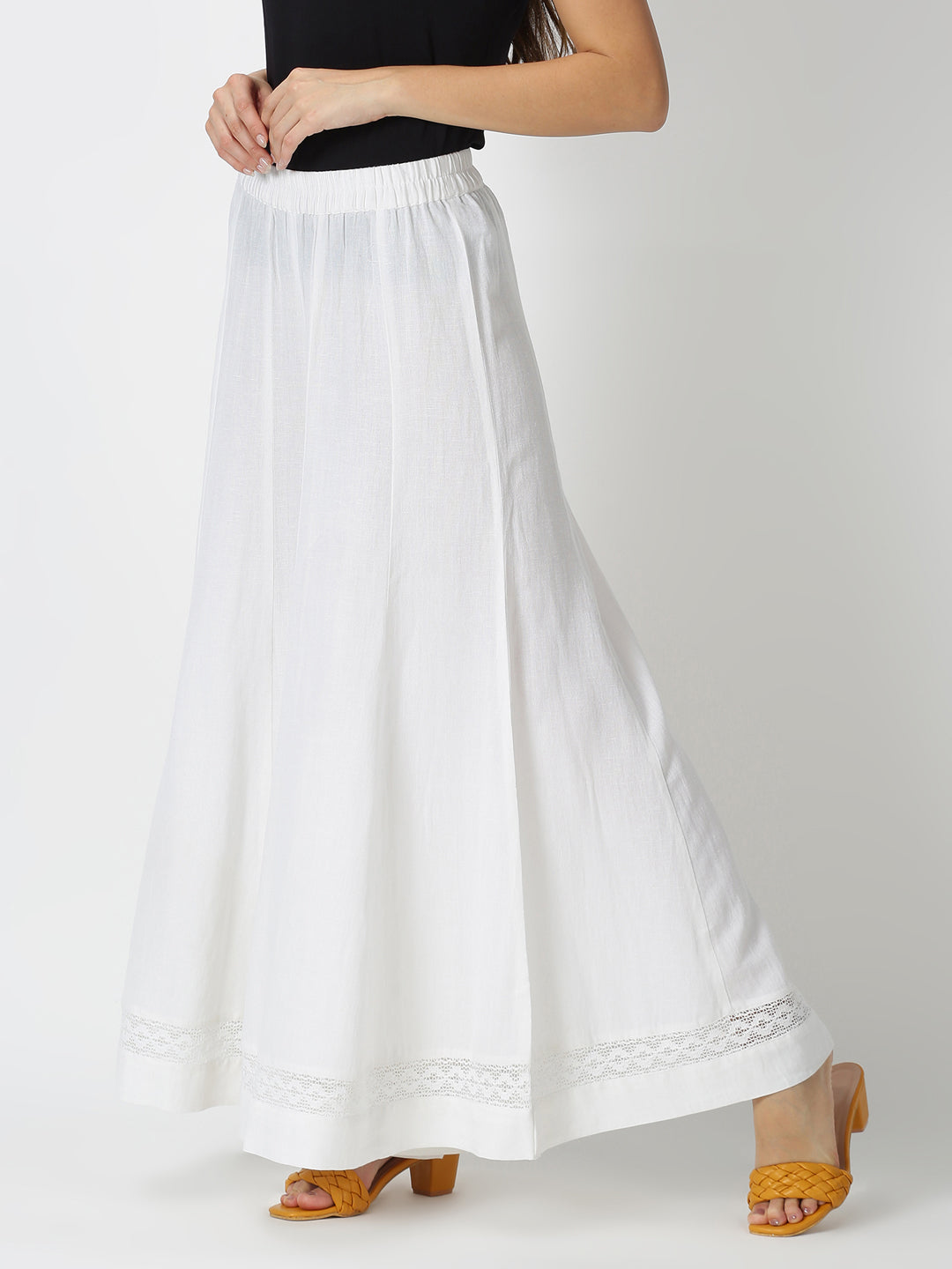 White Solid Flared Palazzo with Lace Inserts on Hem