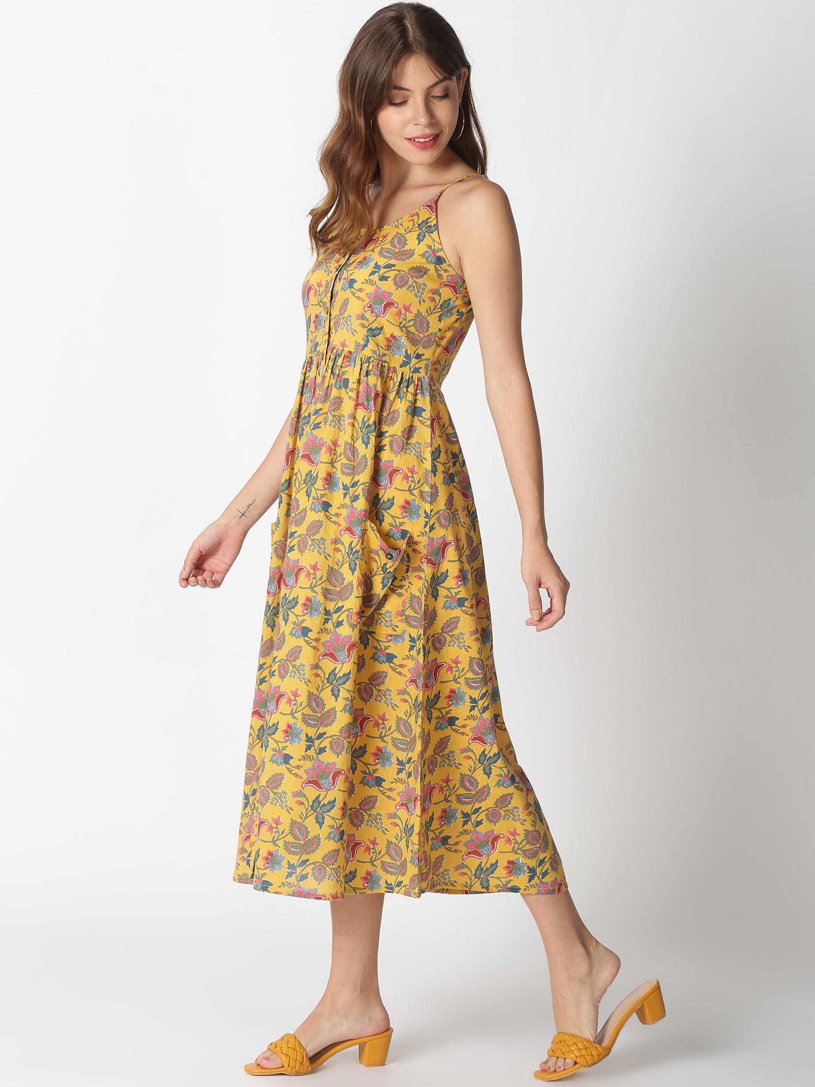 Yellow Ethnic Printed A-line Strappy Dress with Front Pockets