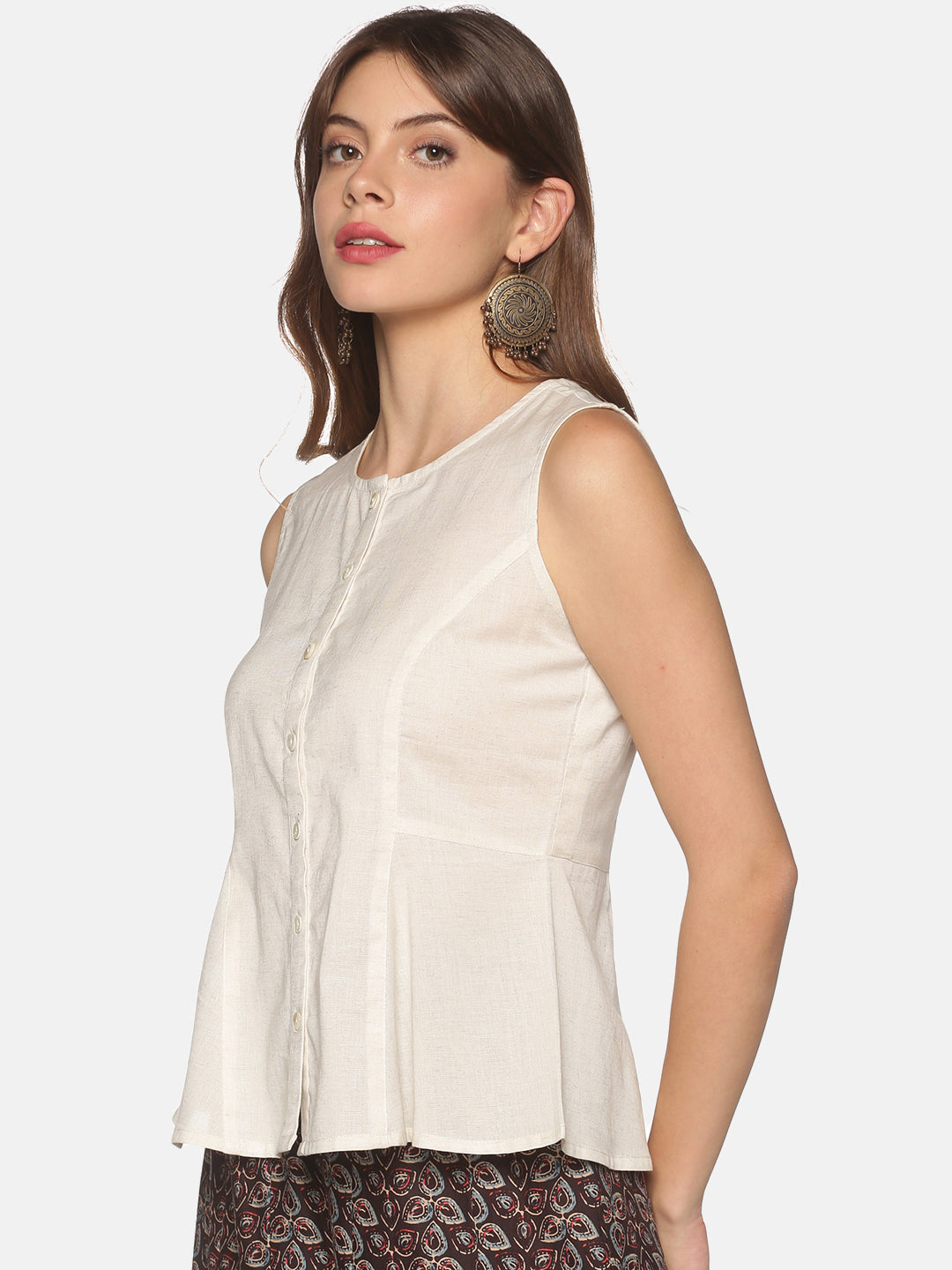 Natural Cotton Flax Panelled A-Line Top with Button-Down Placket
