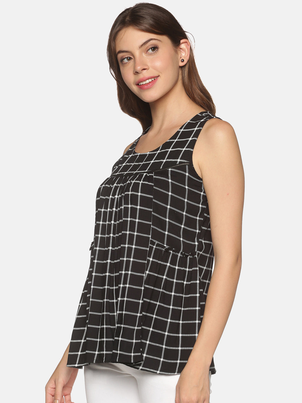 Black Checks Panelled Top with Gathers & Lace Insert on Front Yoke