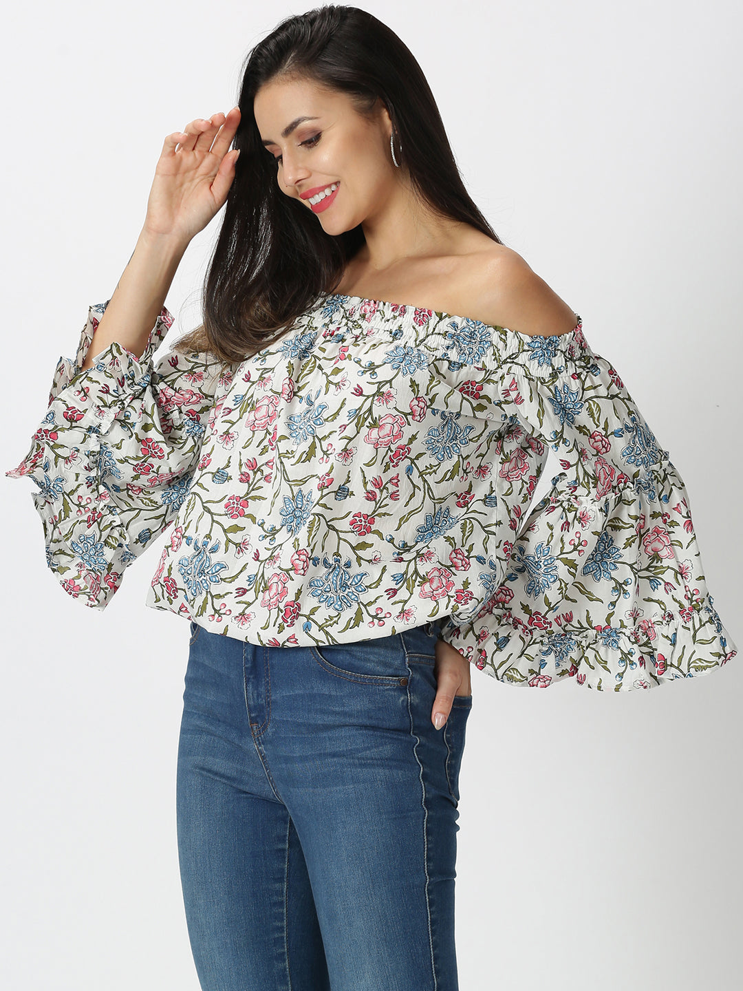 White Cotton Boho Printed Off Shoulder Top with Bell Sleeves