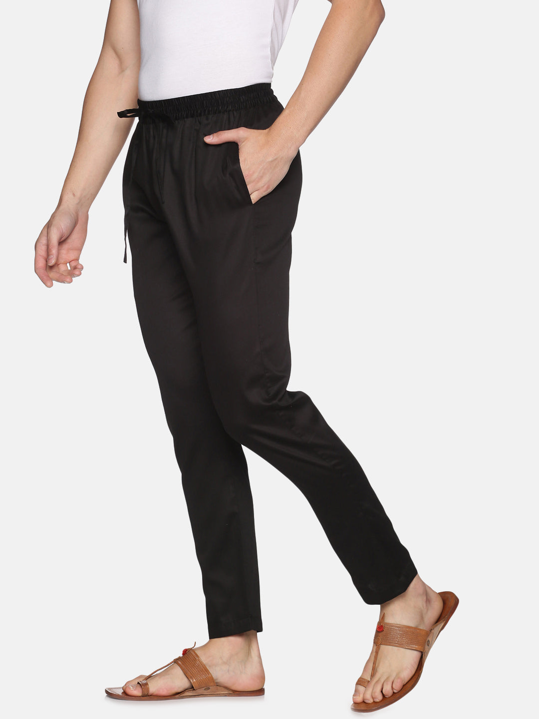 Black Cotton Satin Elasticated Trouser with Drawstring