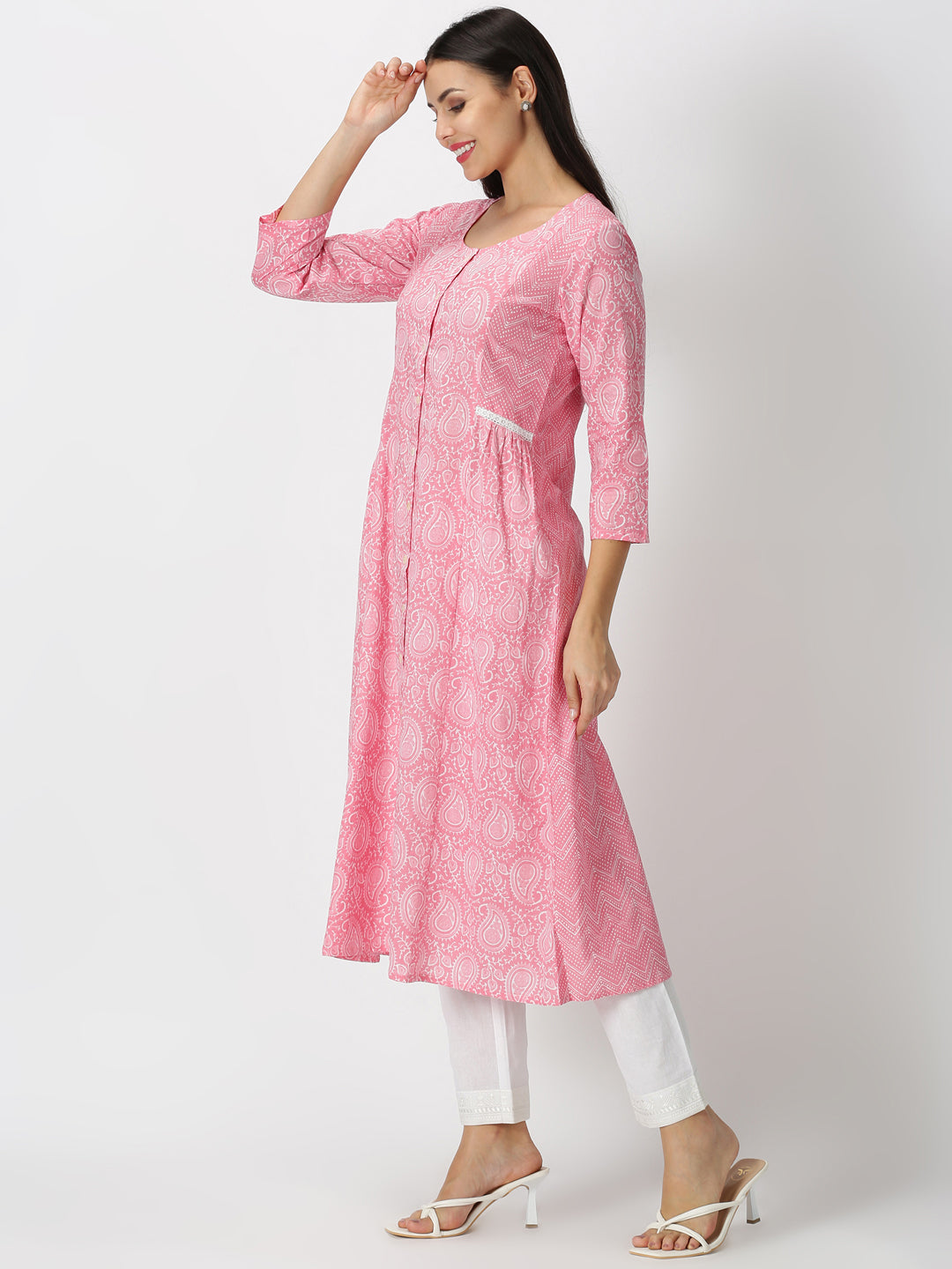 Pink Paisley Printed Panelled Button-Down Kurta with Lace Inserts