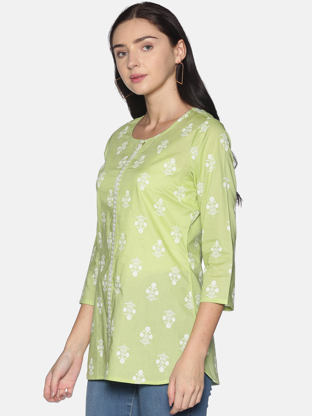 Green Cotton Printed Tunic With Embroidered Placket With Round Hem