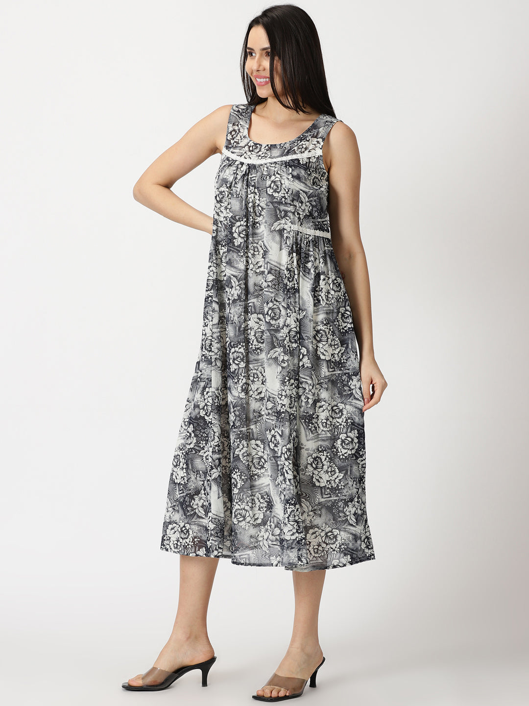 Grey Vintage Floral Cotton A-line Midi Dress