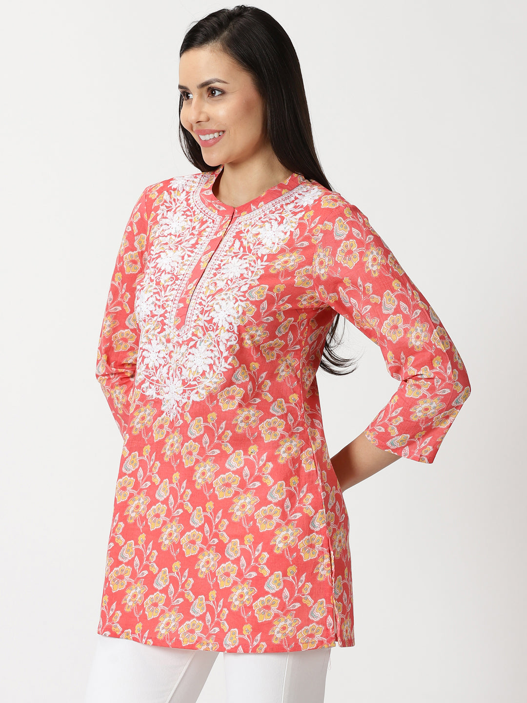 Coral Floral Print Tunic with Lucknowi Chikankari Embroidery