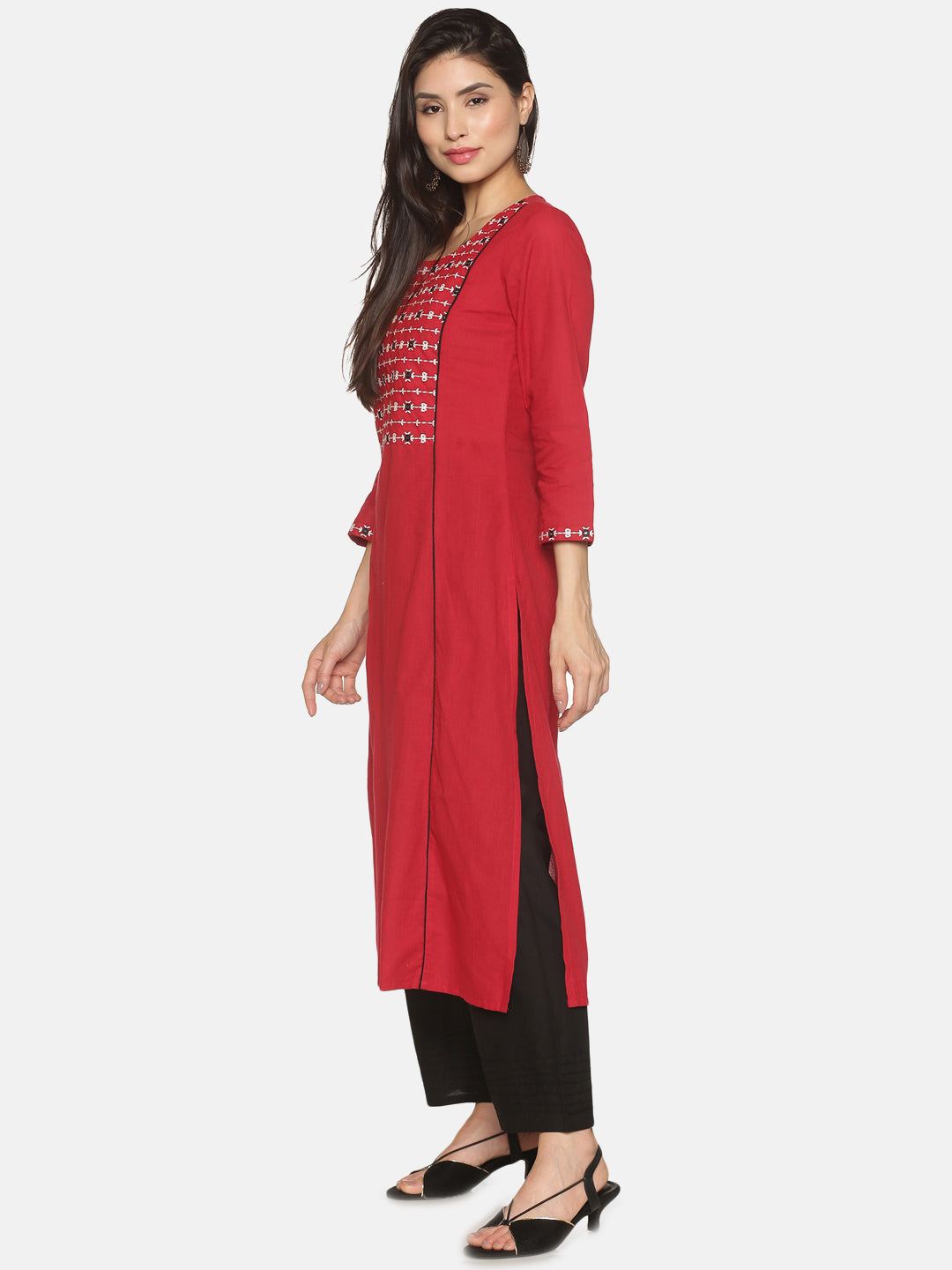 Red Cotton Panelled Kurta with Embroidered Yoke