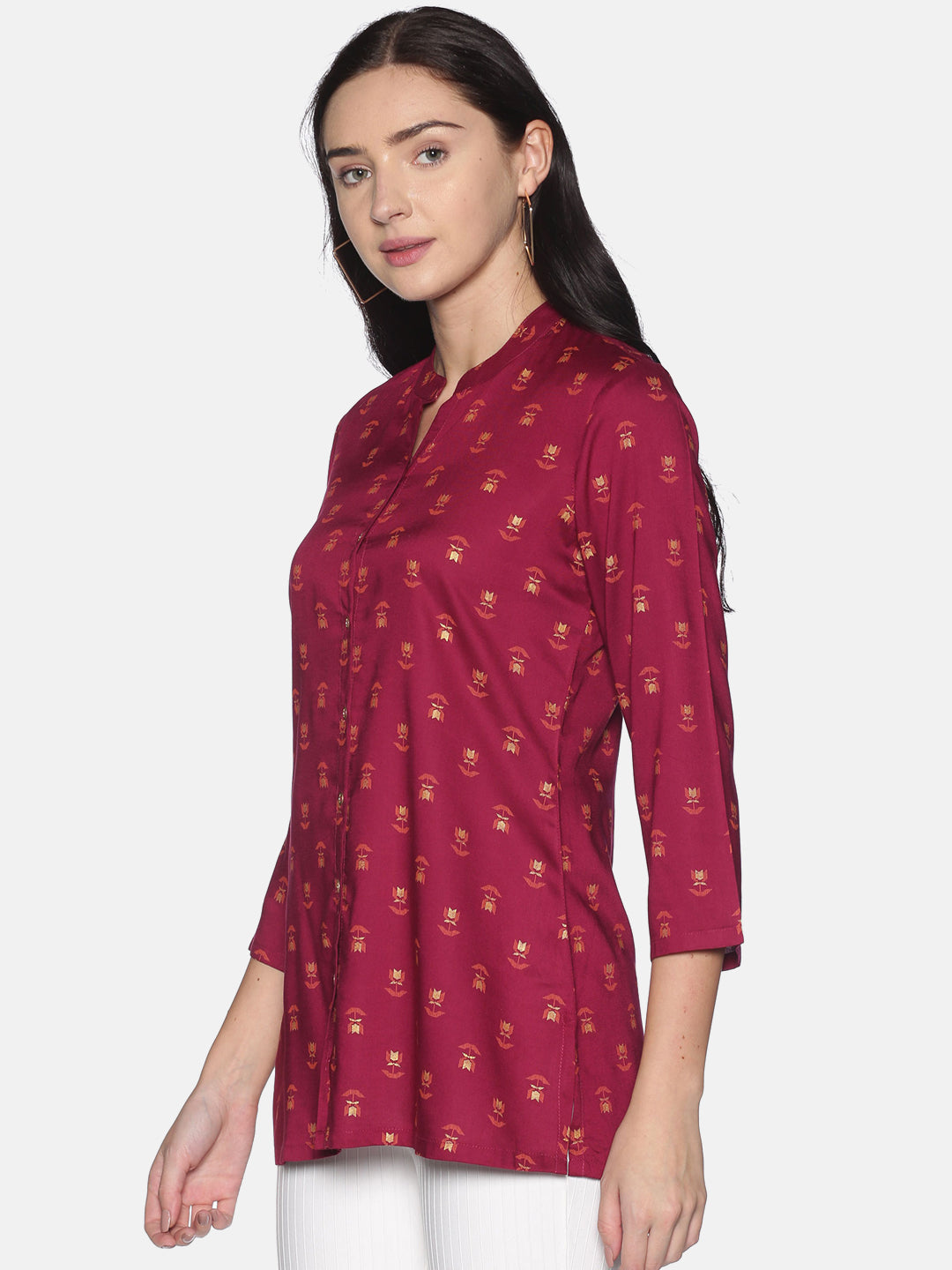 Burgundy Gold Printed Tunic With Mandarin Collar And Gold Metal Buttons