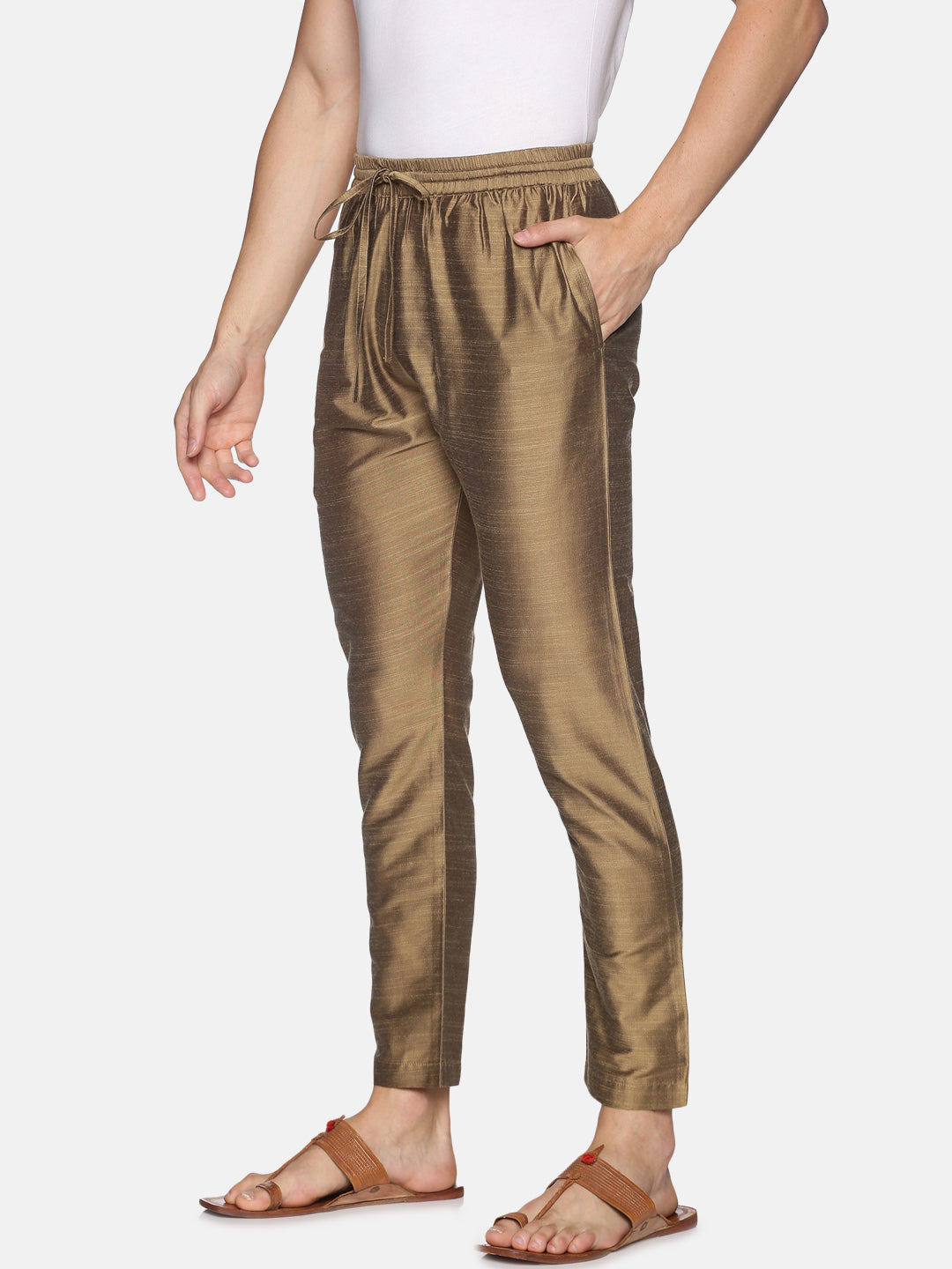 Gold Art Silk Slub Elasticated Trouser with Drawstring