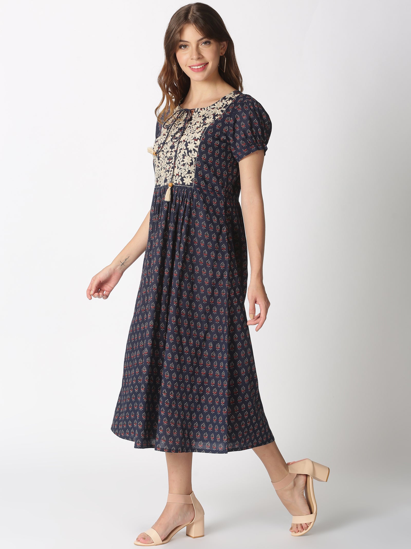 Navy Ethnic Motifs Printed Dress with Floral Embroidered Yoke