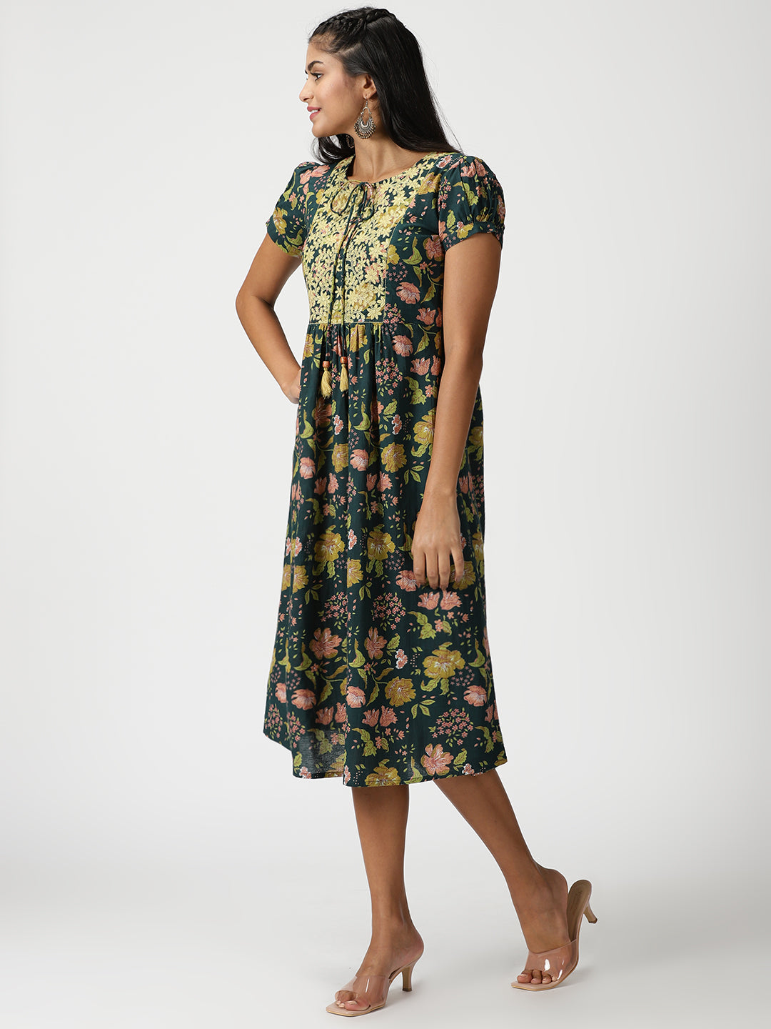 Green Floral Printed A-line Midi Dress with Yoke Embroidery