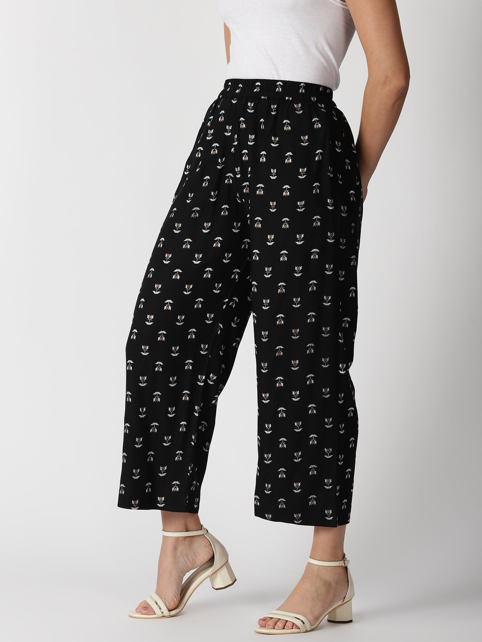 Black Rayon Abstract Printed Wide Leg Palazzos