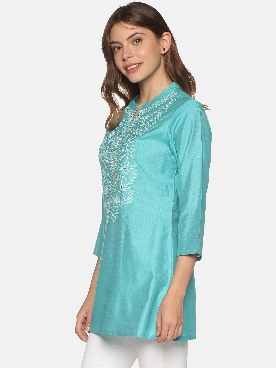 Turquoise Blue Art Raw Silk Tunic with Floral Embroidered Neck & Mirror Accents