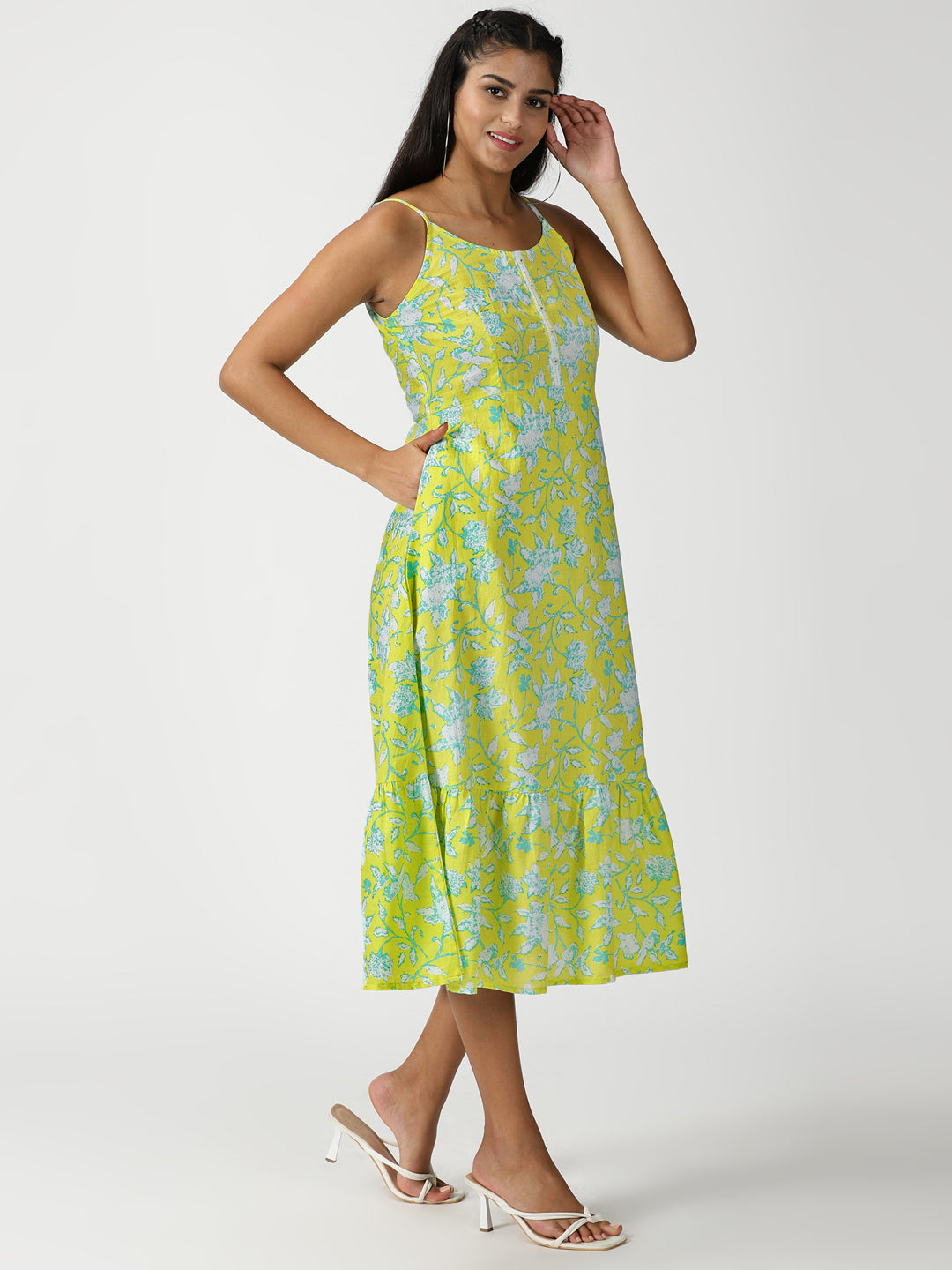 Lime Floral Print Cotton Midi Dress with Flounce Hem