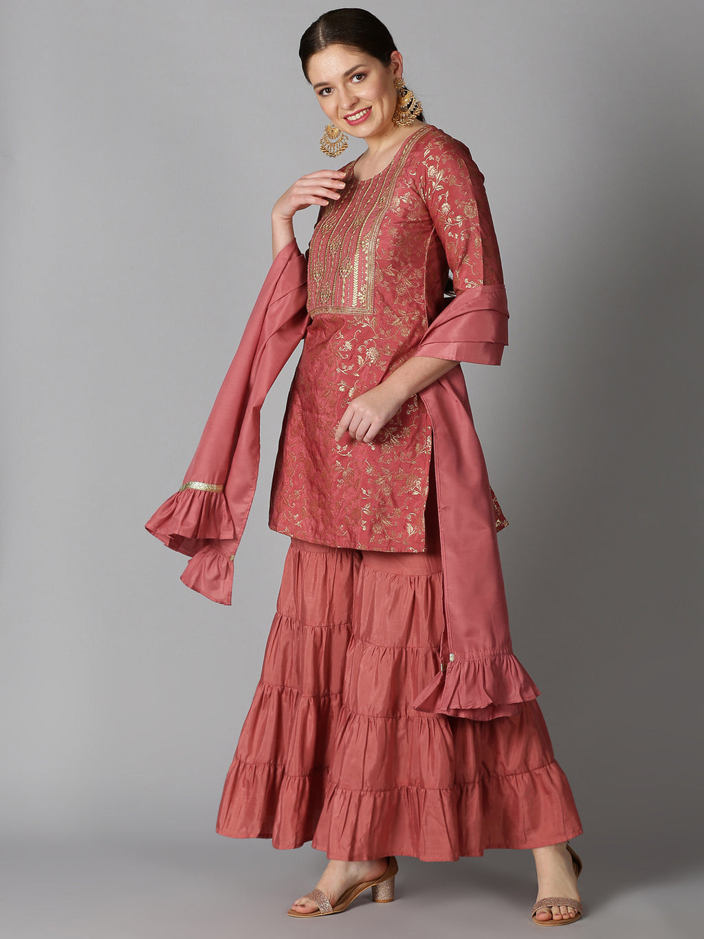Coral Banarasi Jacquard Kurta with Sharara & Dupatta