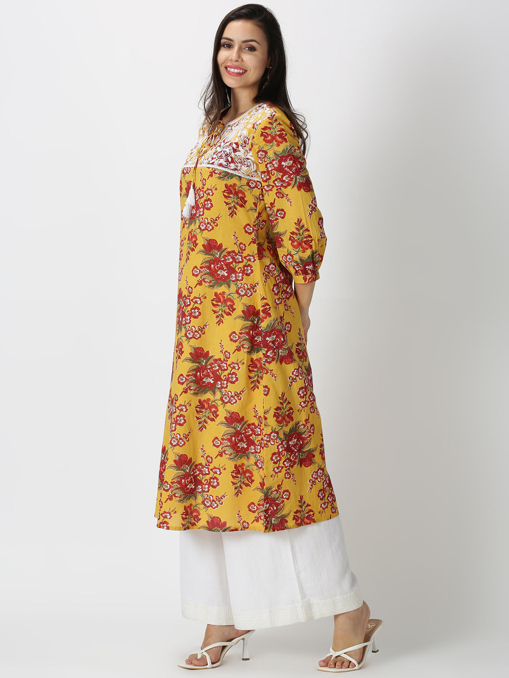 Yellow Floral Printed A-line Kurta with Chikankari Embroidered Yoke