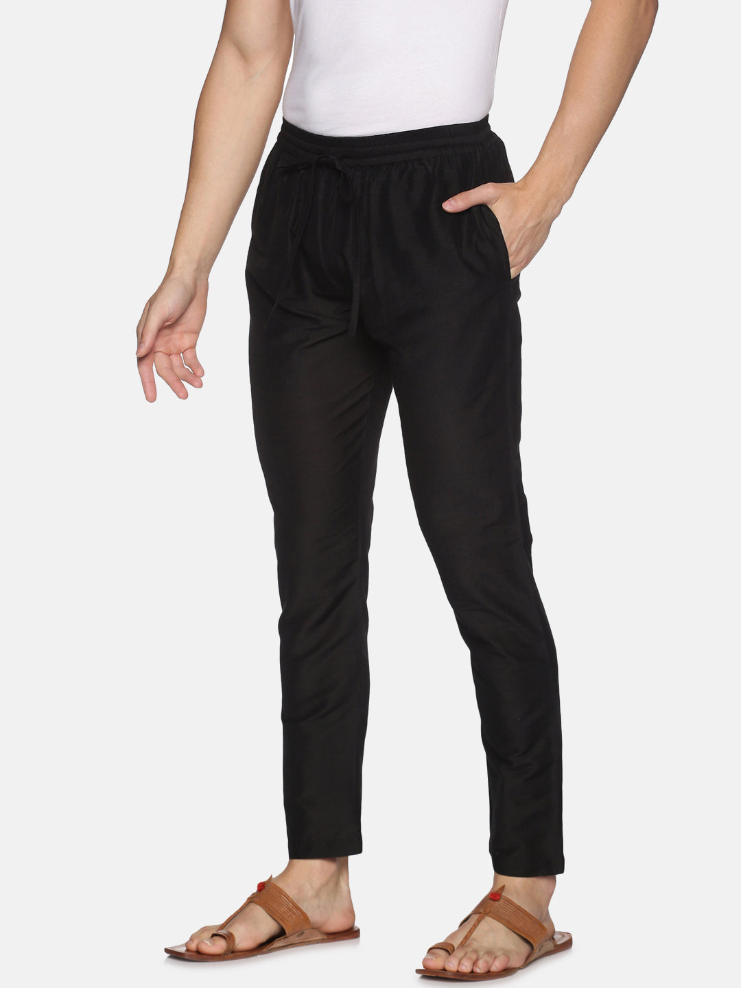 Black Art Silk Slub Elasticated Trouser with Drawstring