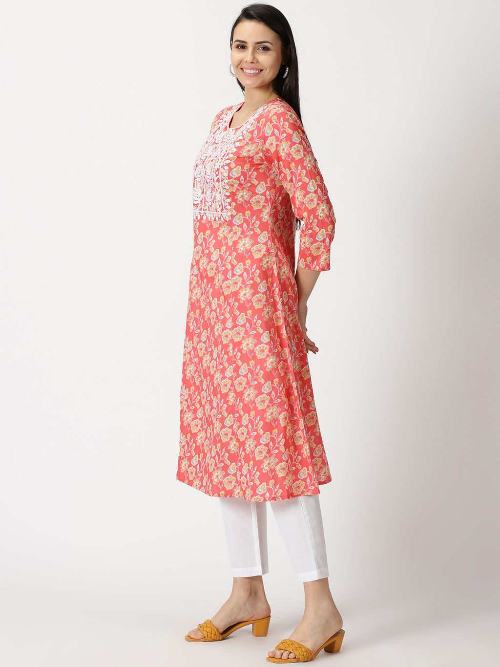 Coral Floral Print A-line Kurta with Lucknowi Chikankari Embroidery