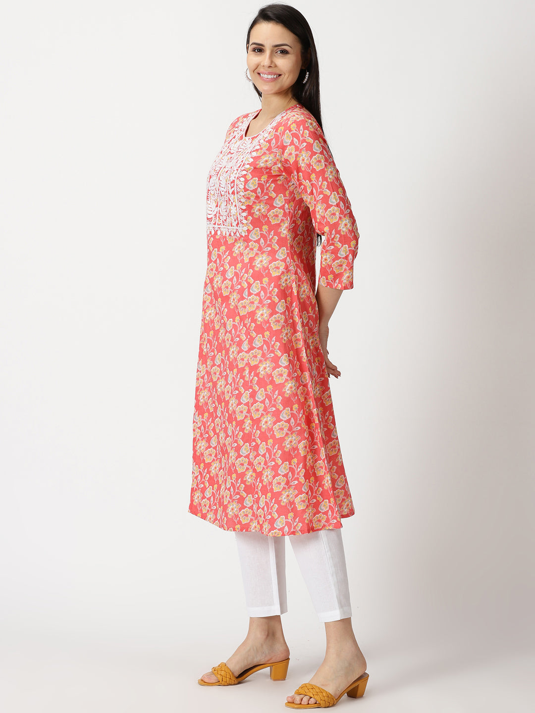 Coral Floral Print A-line Kurta with Lucknowi Chikankari Embroidery