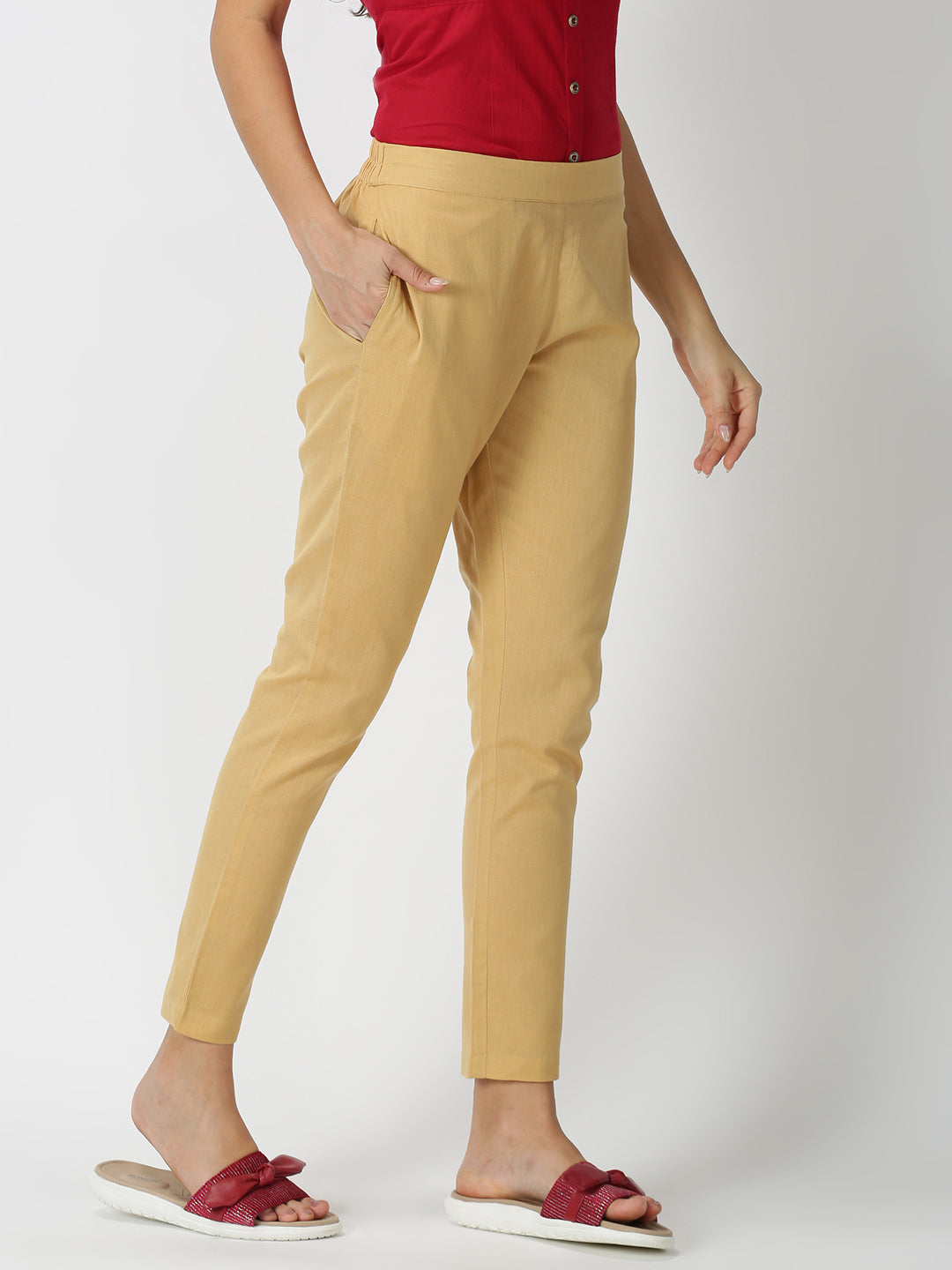 Beige Cotton Flax Straight Pant with Side Pocket