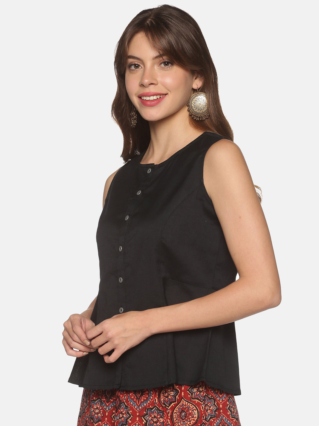 Black Cotton Flax Panelled A-Line Top with Button-Down Placket