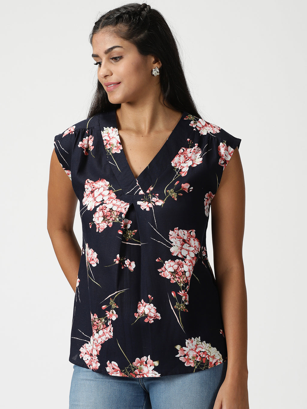 Navy Blue Floral Printed V Neck Drop Shoulder Top