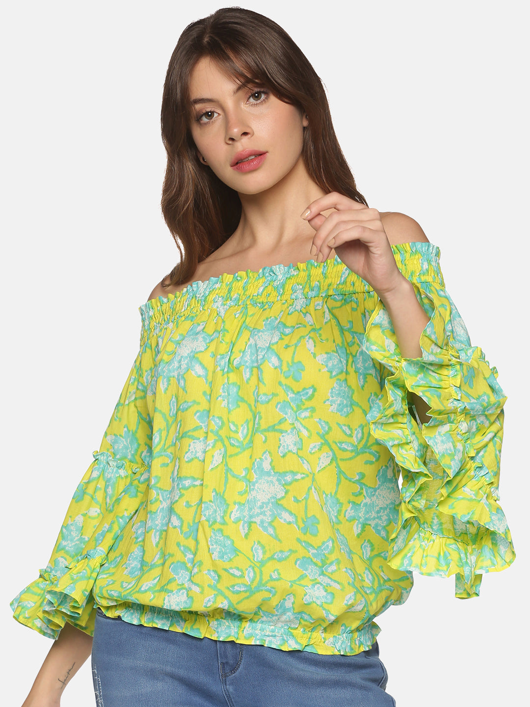 Lime Ethnic Floral Printed Off Shoulder Top with Bell Sleeves