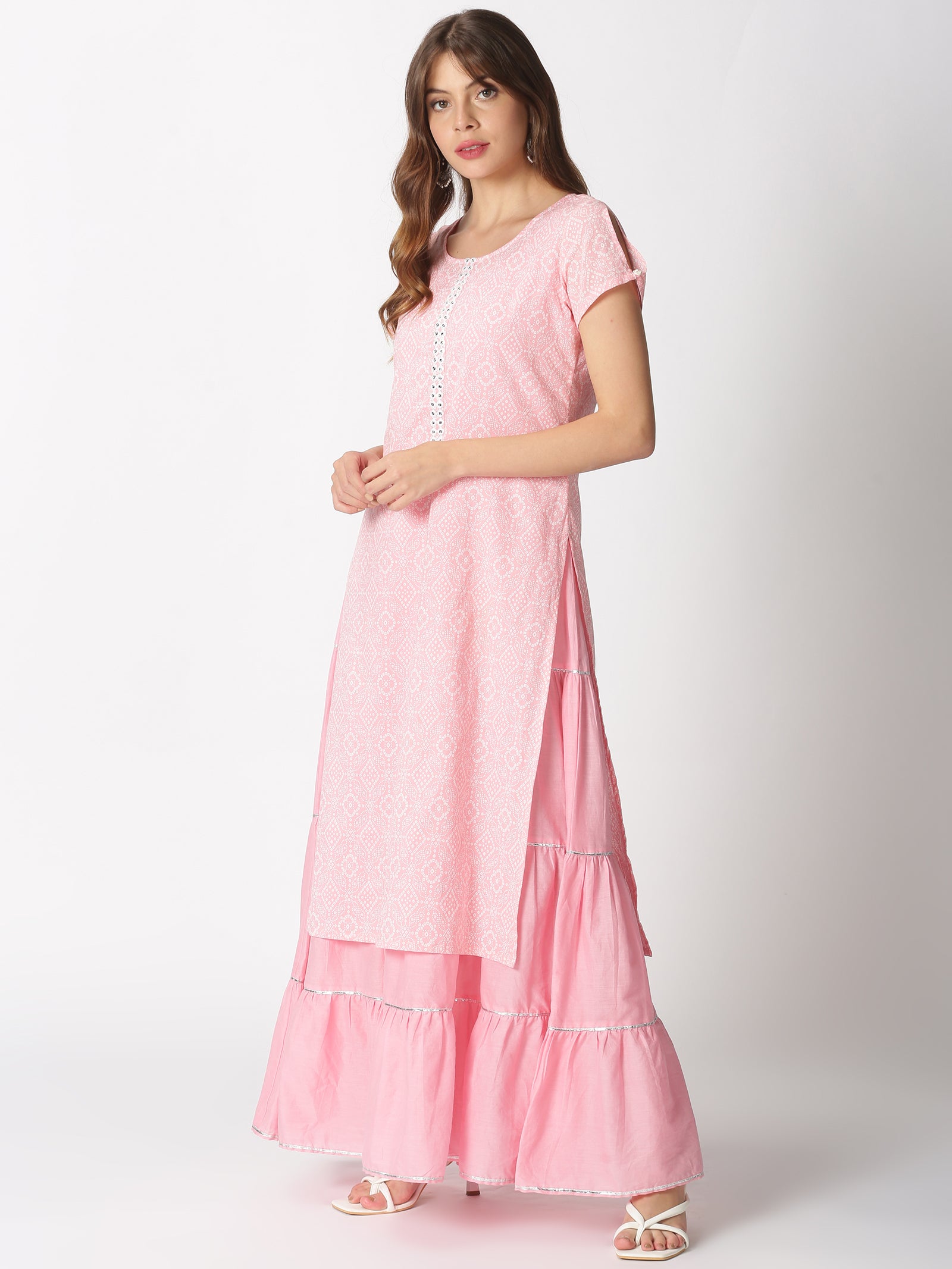 Pink Cotton Bandhani Printed Layered Maxi Kurta Dress