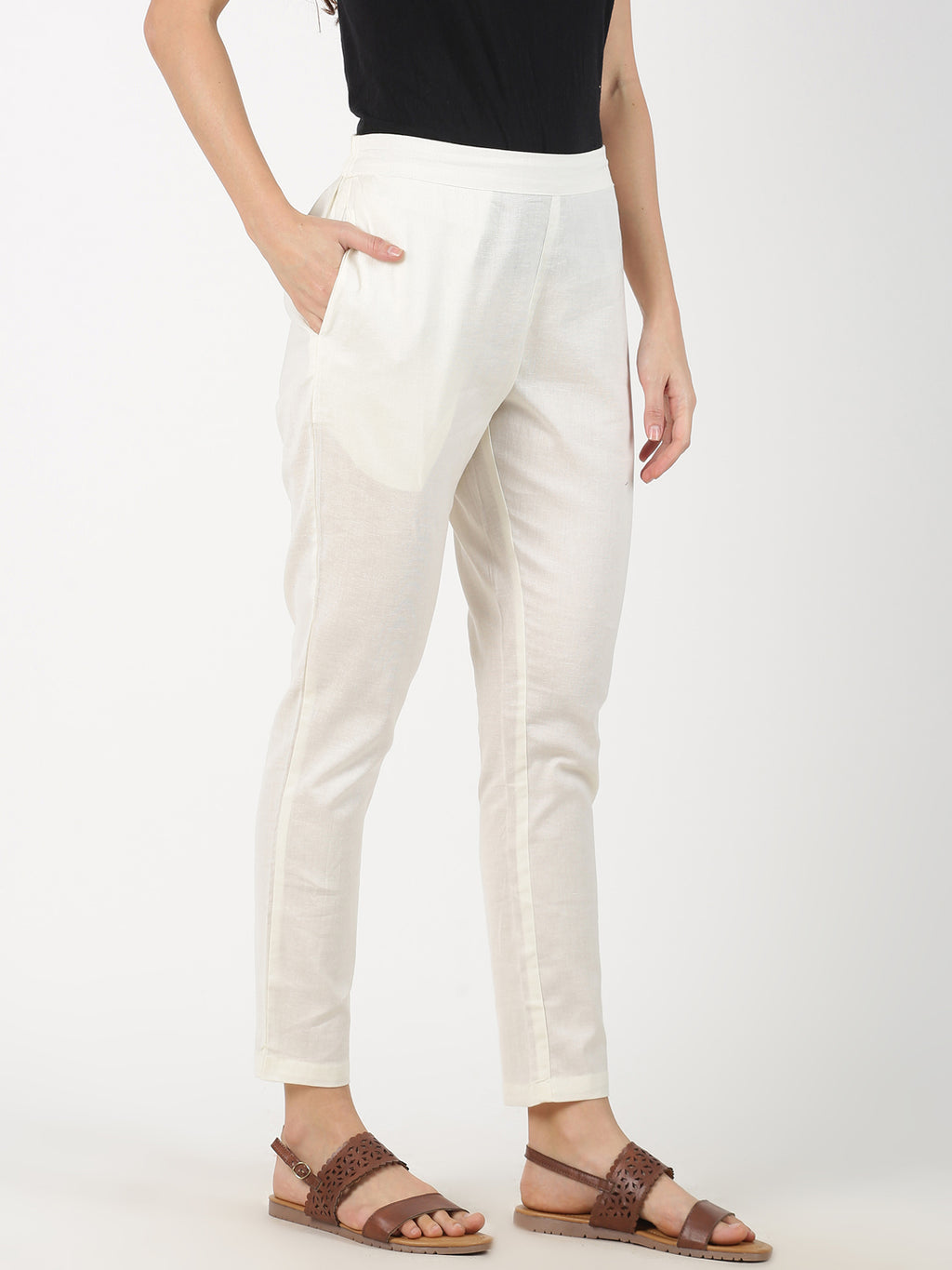 Off White Cotton Flax Straight Pant with Side Pocket