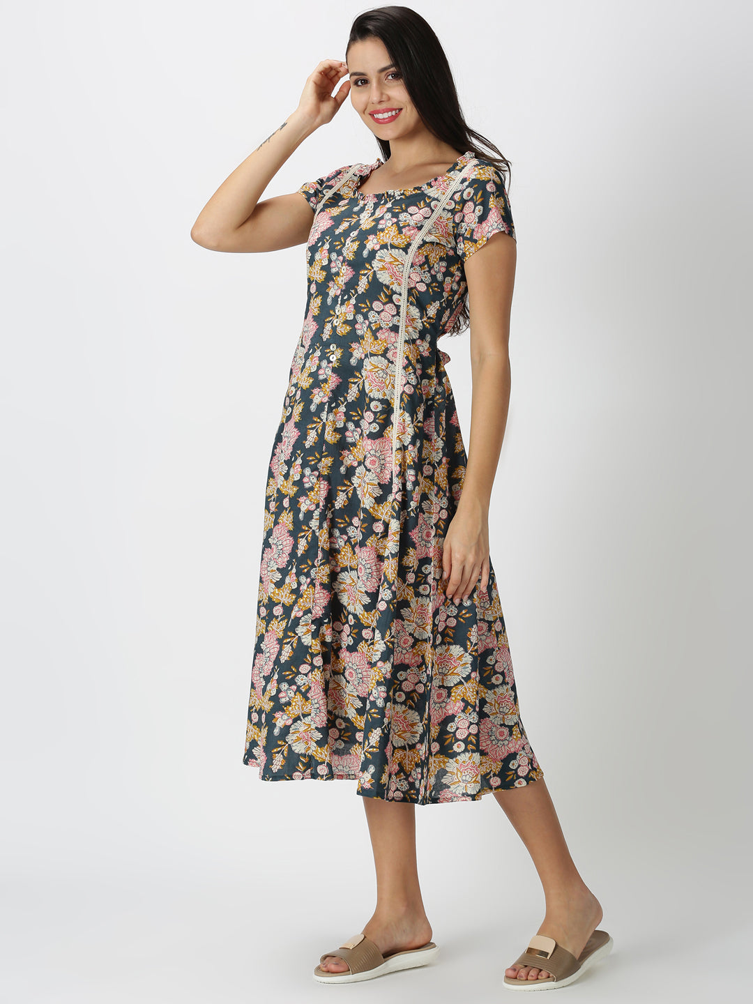 Charcoal Grey Floral Printed Midi Dress with Waist Tie-up