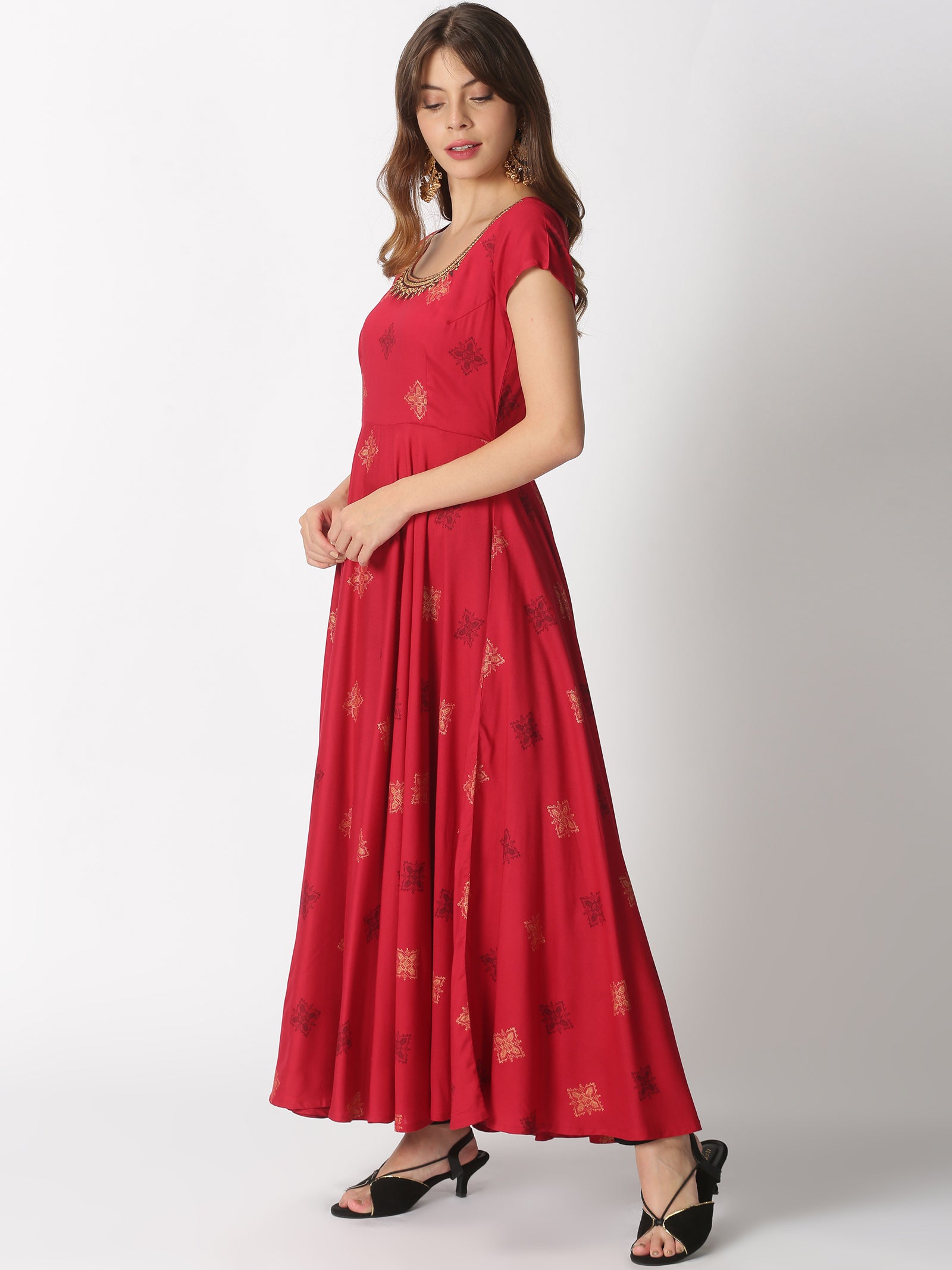 Red Ethnic Motifs Printed Anarkali Kurta with Embroidered Neck