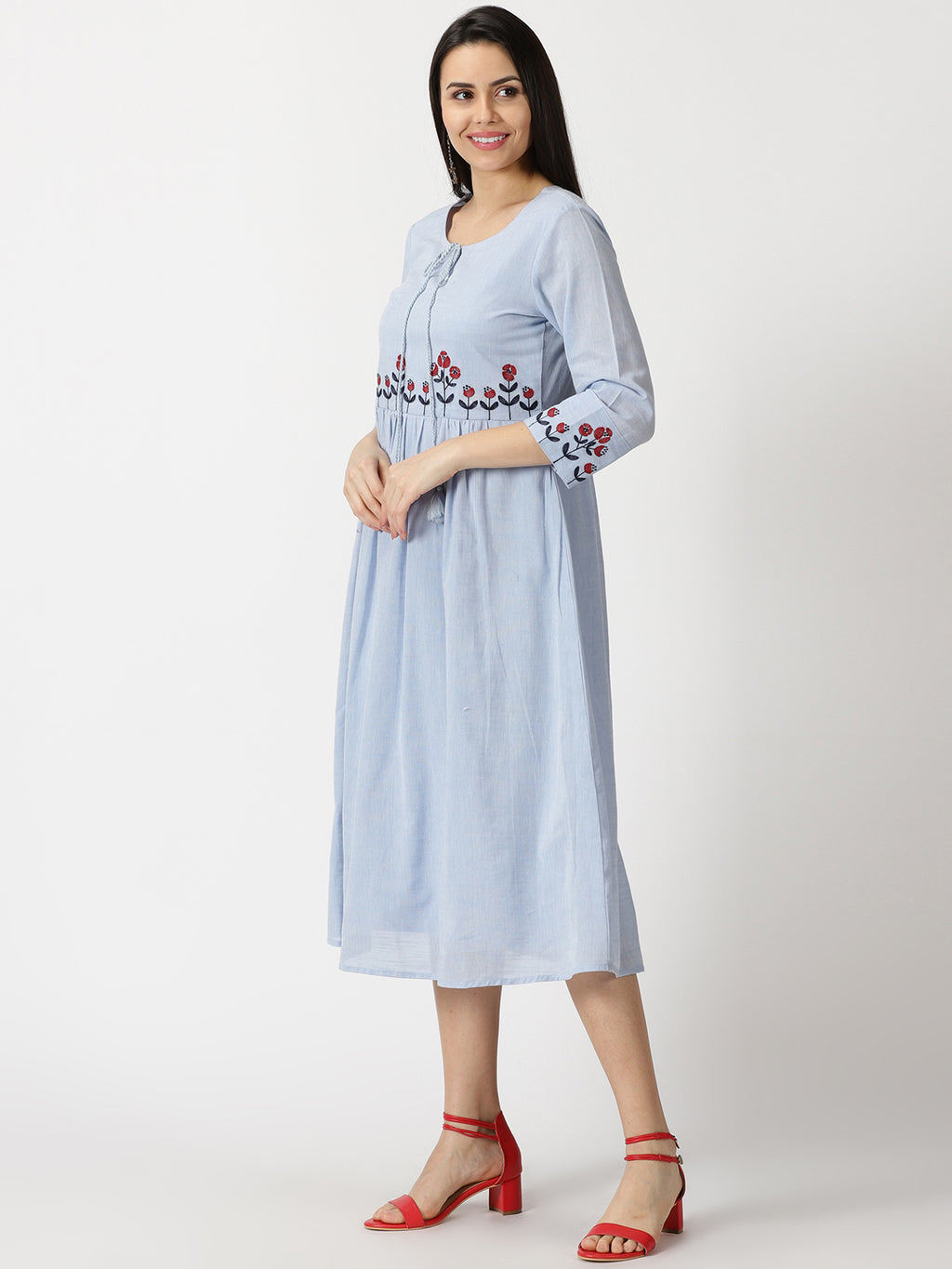 Pastel Blue Empire Midi Dress with Embroidered Details
