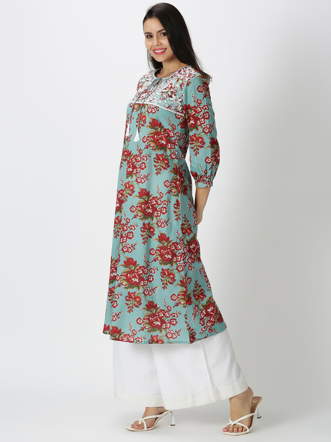 Turquoise Blue Floral Printed A-line Kurta with Chikankari Embroidered Yoke