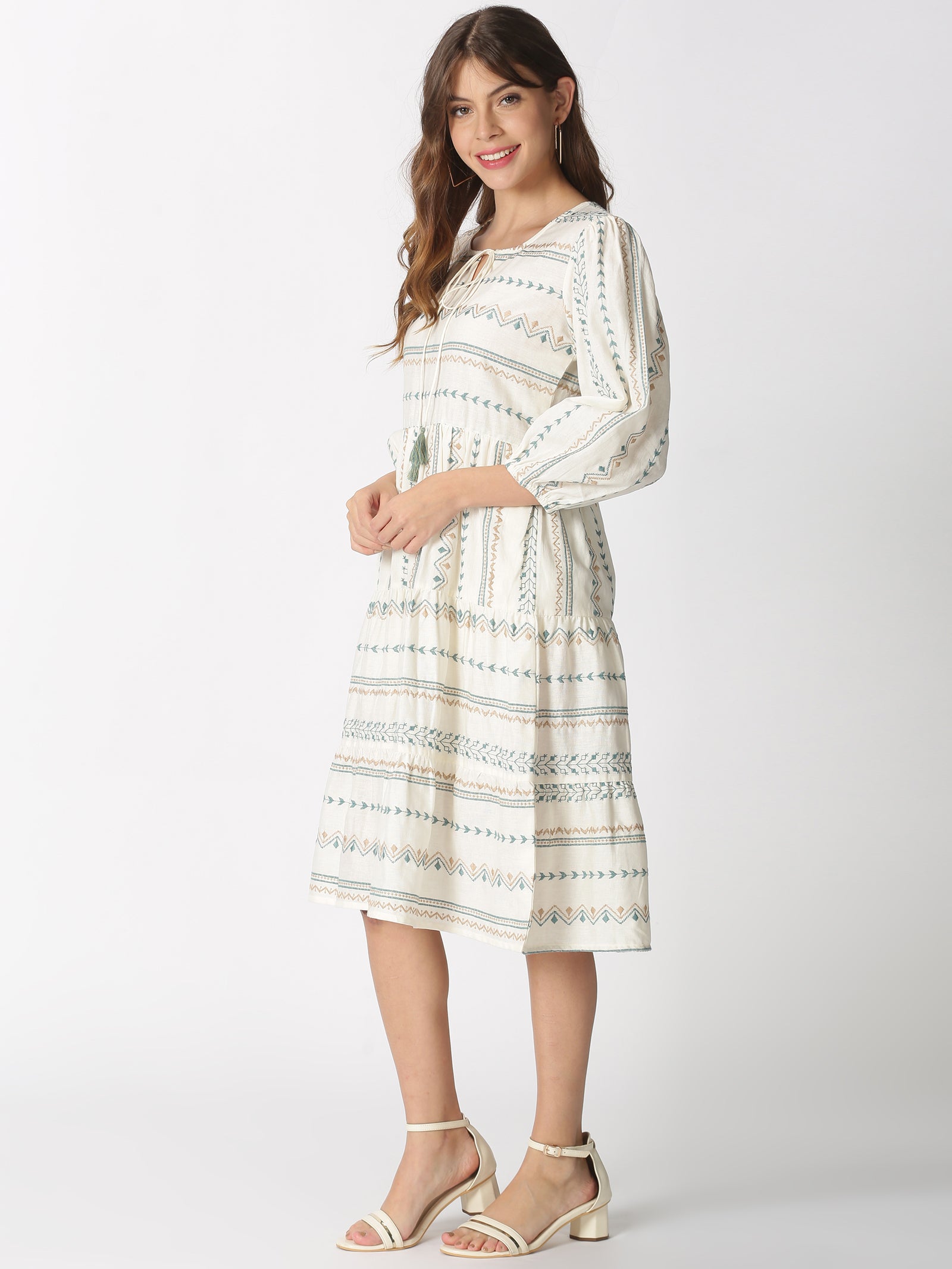 Off White-Blue Cotton Flax Bohemian Embroidered Tiered Dress with Neck Tie-up