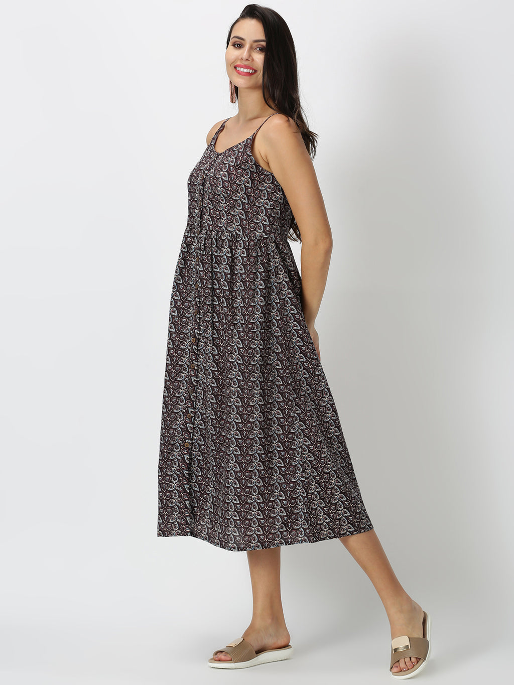Black Kalamkari Printed A-line Strappy Dress with Front Pockets