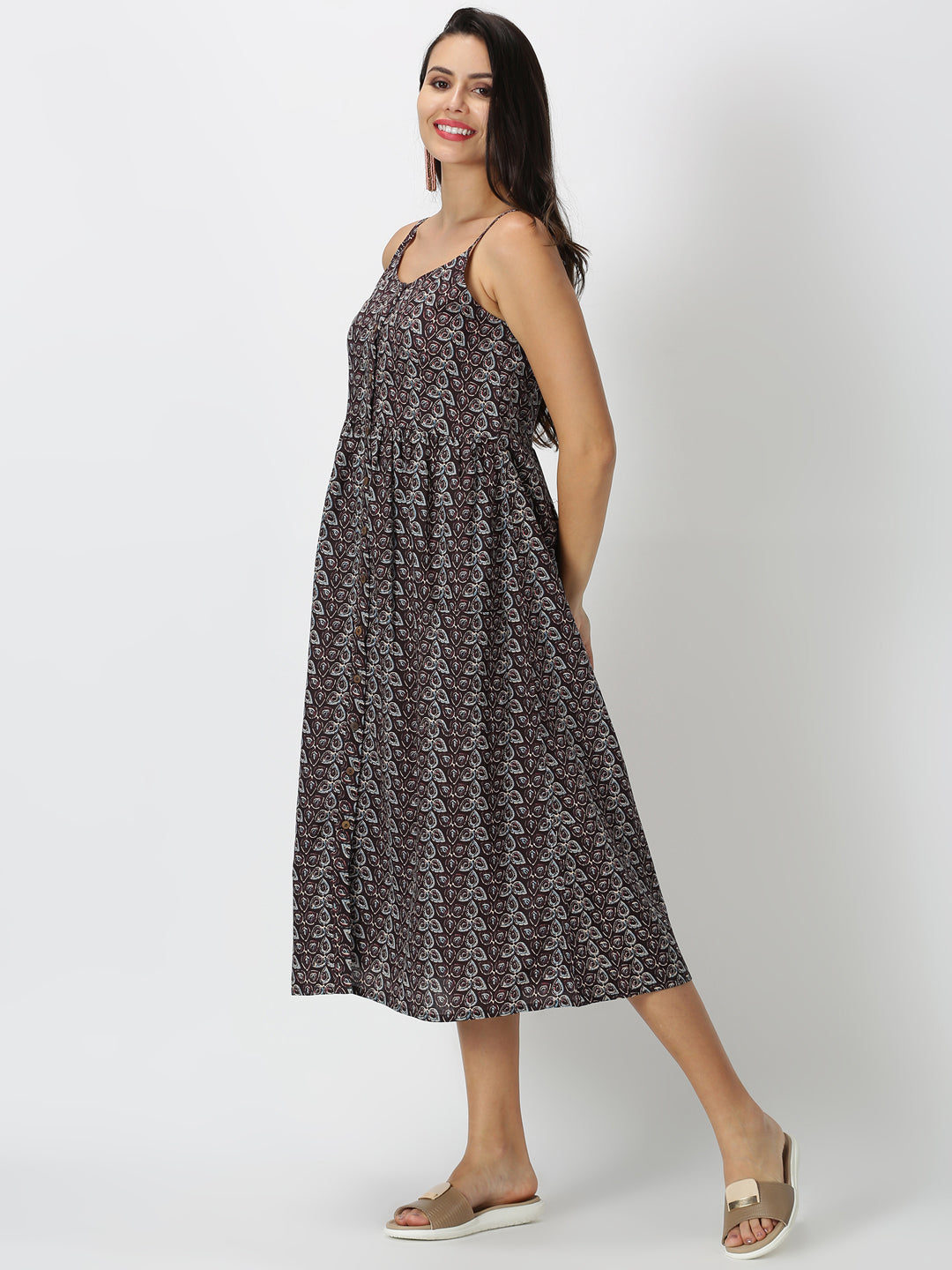 Black Kalamkari Printed A-line Strappy Dress with Front Pockets