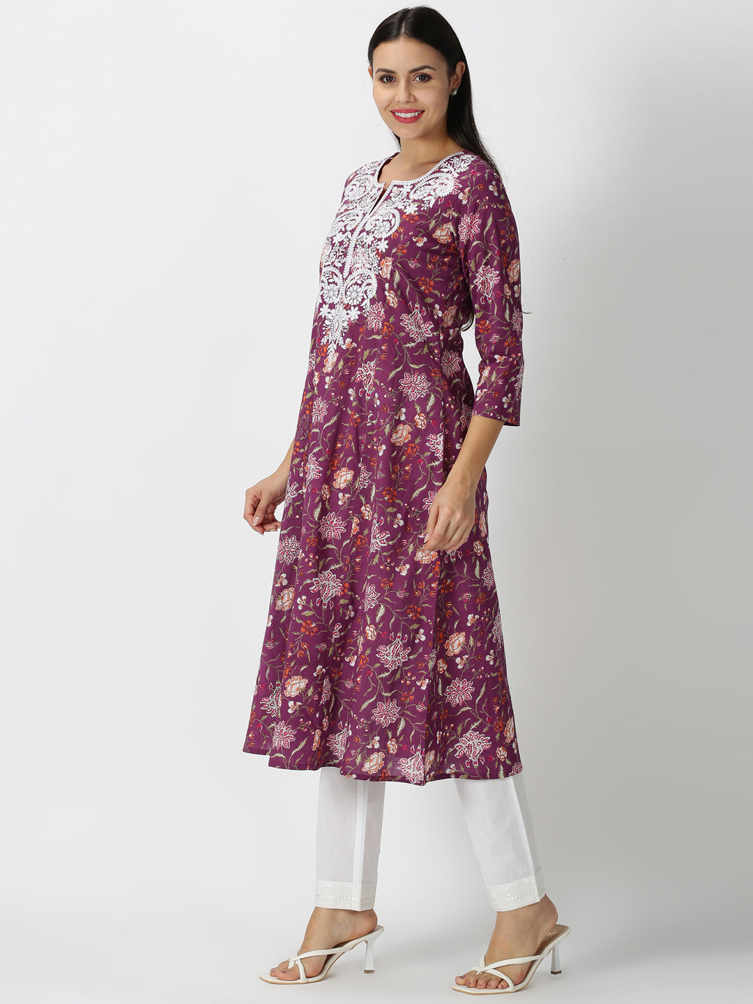 Wine Floral Printed A-line Kurta with Lucknowi Chikankari Embroidered Neck
