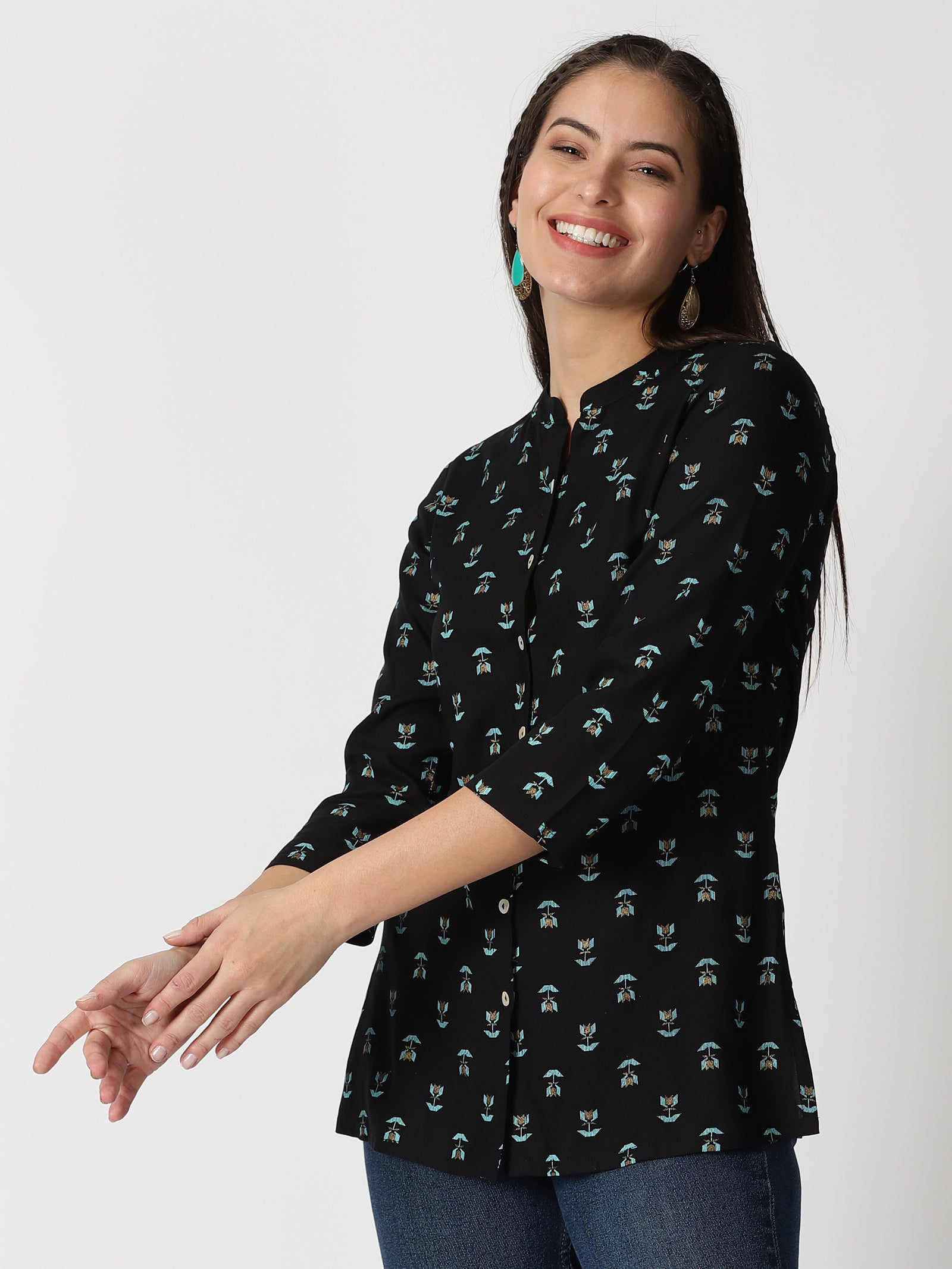 Black Rayon Abstract Printed Button-Down Tunic