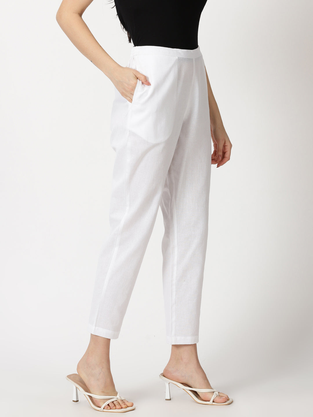 White Cotton Flax Straight Fit Slip-on Trouser