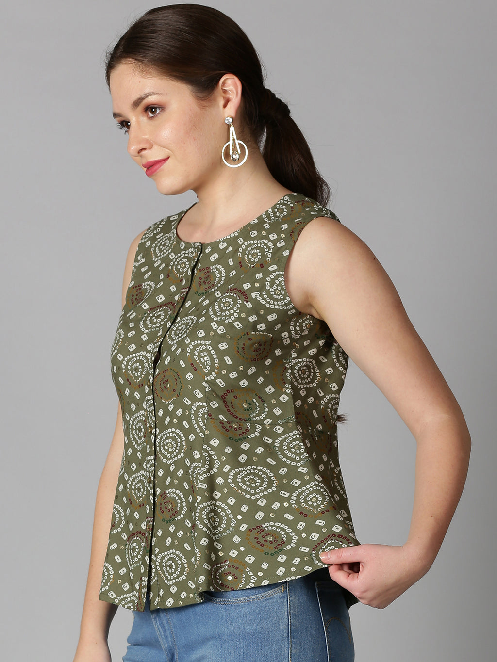 Green Rayon Bandhani Printed A-line Panelled Top