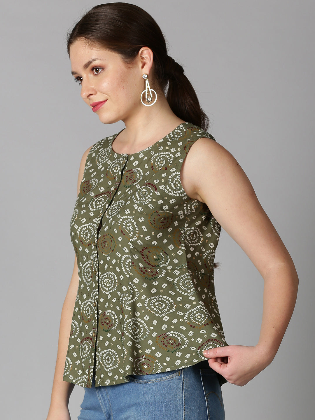 Green Rayon Bandhani Printed A-line Panelled Top