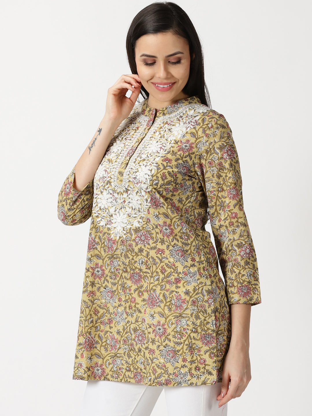 Yellow Floral Print Tunic with Lucknowi Chikankari Embroidery