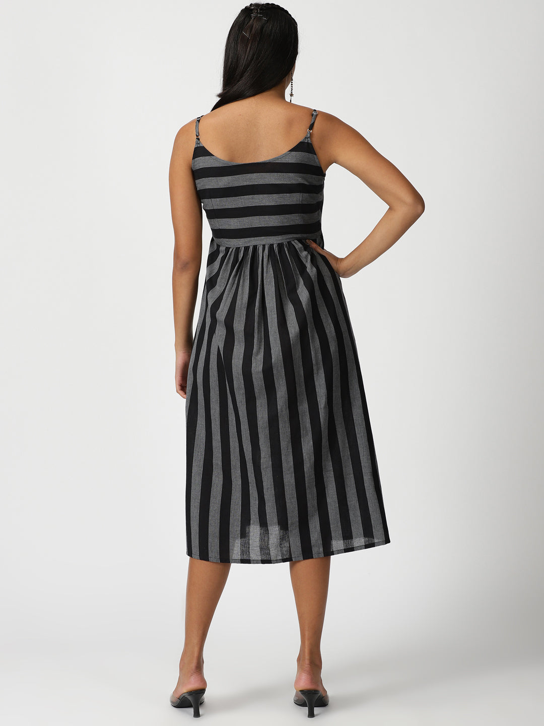 Black Striped Cotton Button-Down Strappy Midi Dress