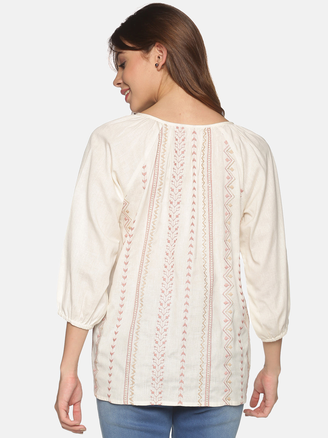 Off White-Peach Cotton Flax Bohemian Tie-up Neck Top with Puff Sleeves