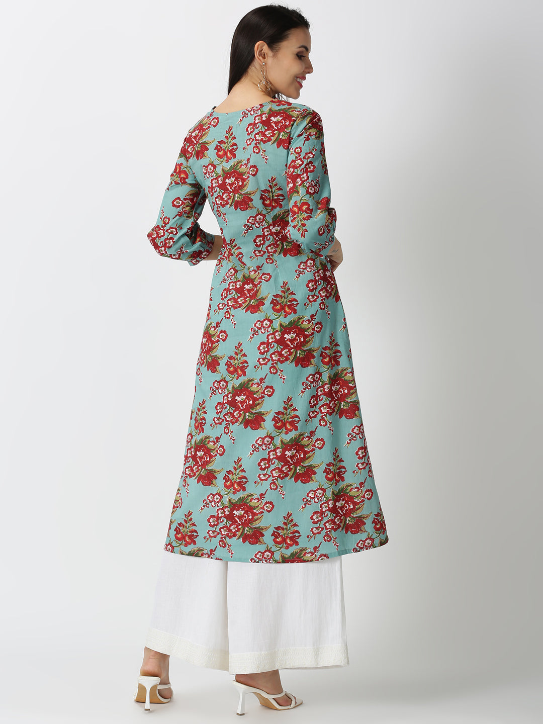 Turquoise Blue Floral Printed A-line Kurta with Chikankari Embroidered Yoke