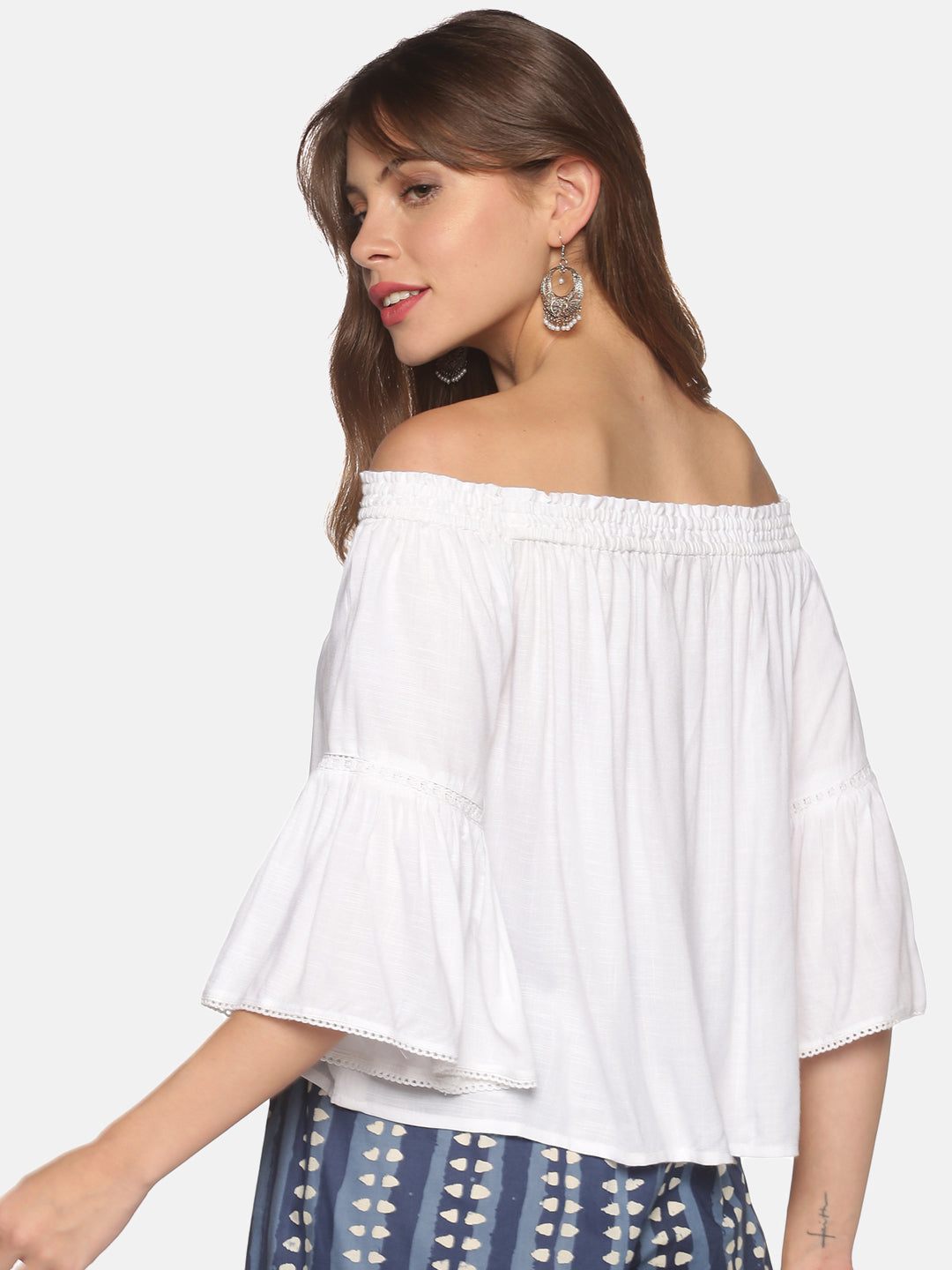 White Off Shoulder Bell Sleeves Top with Lace Inserts