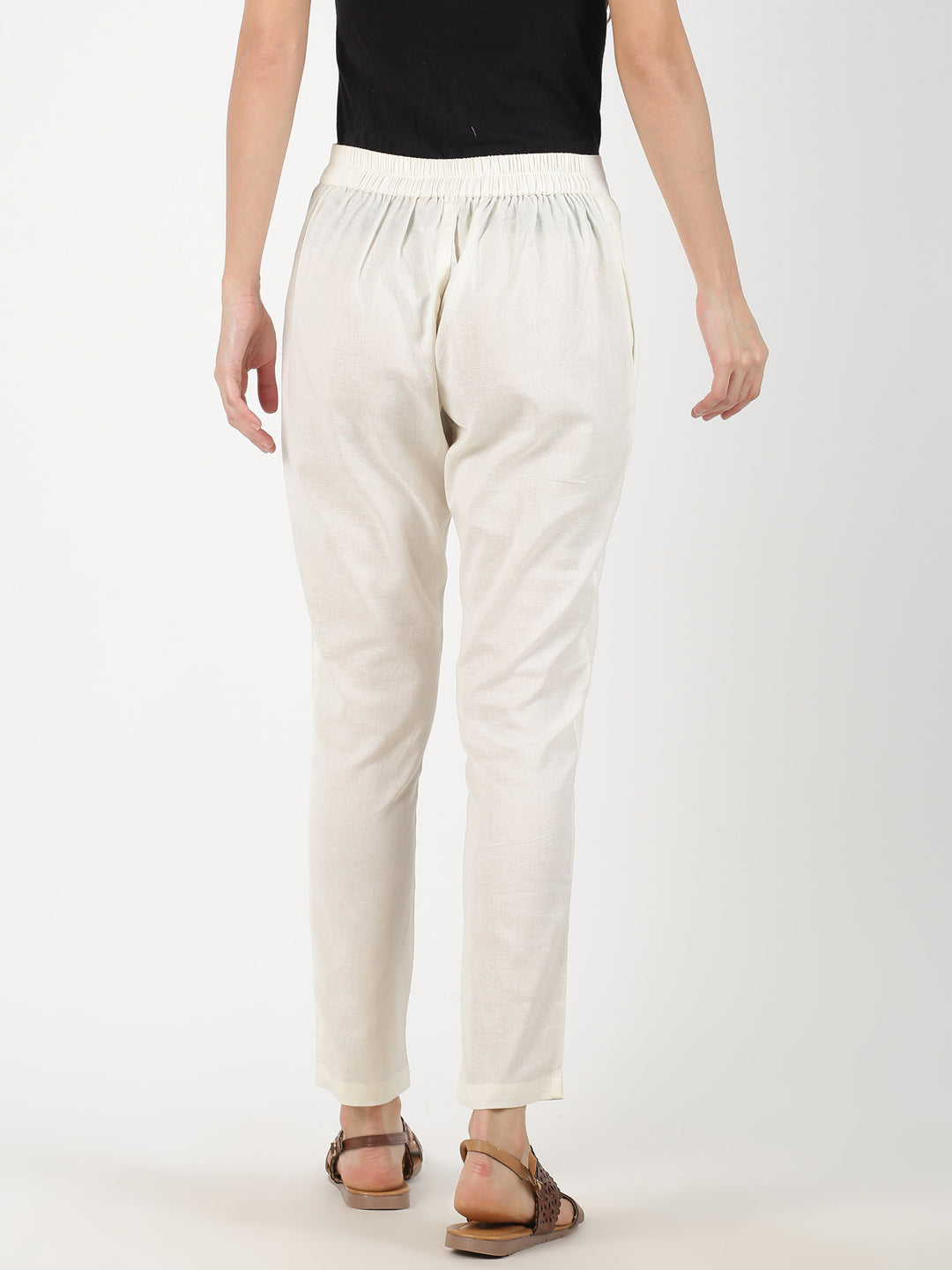 Off White Cotton Flax Straight Pant with Side Pocket