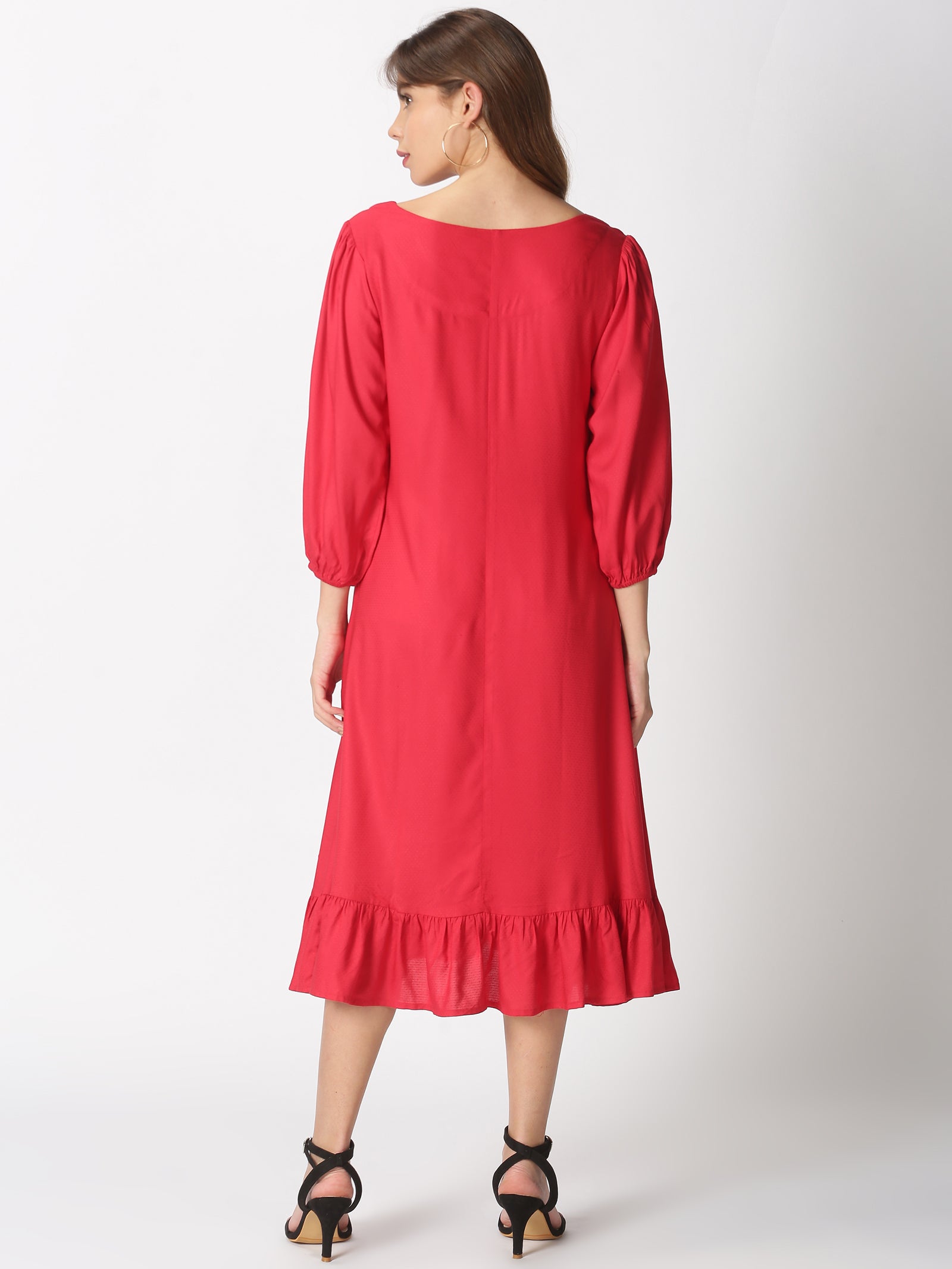 Red Dobby Boho A-line Midi Dress with Puff Sleeves & Flounce Hem