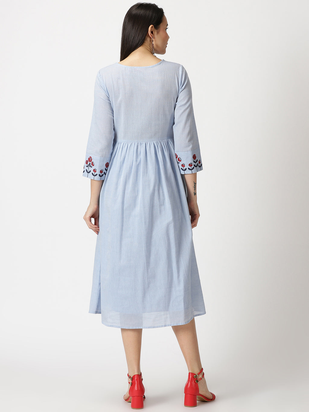 Pastel Blue Empire Midi Dress with Embroidered Details