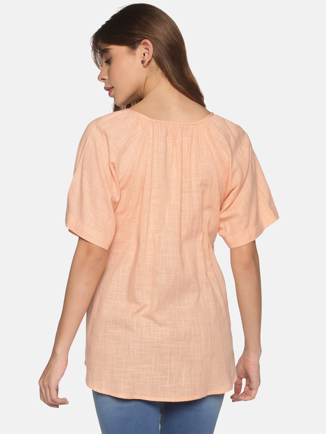 Peach Bohemian Cotton Slub Raglan Sleeves Top